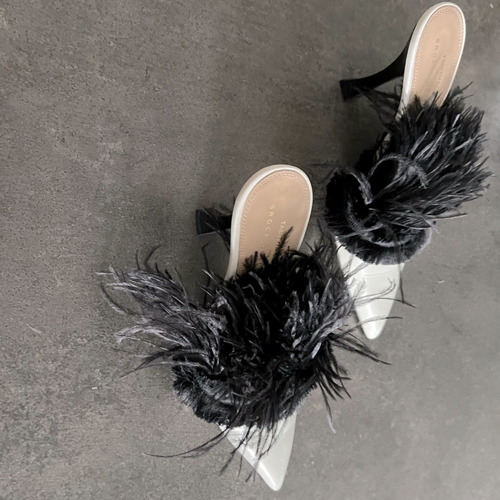 Elegant feather black & beige leather mules, size 7.  Never worn.